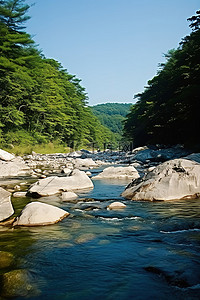 一条河流，位于一个有岩石和树木的美丽地区