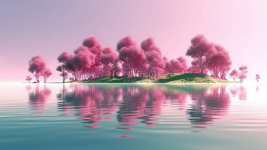 3D 渲染的夏季背景绿树和粉红色的草反射在湖水中