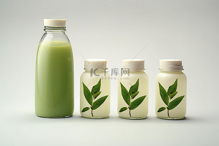 绿茶茶叶背景图片_带有小绿叶和叶形罐子的绿茶品牌瓶