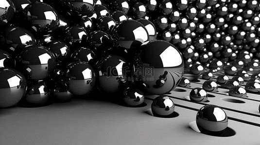 抽象金属球从墙板上层叠下来，带有黑球背景 3D 渲染插图