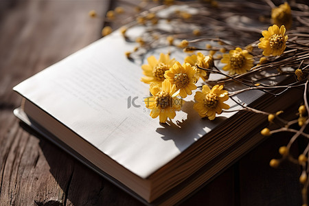 一朵黄色的花坐在木桌上的笔记本上