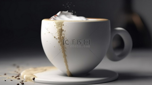 在白色陶瓷杯 3d 渲染中关闭咖啡拿铁艺术
