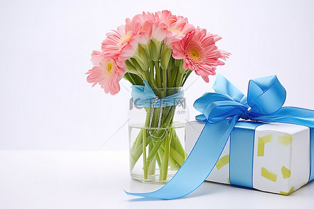 一瓶鲜花放在蓝色和粉色丝带礼物旁边