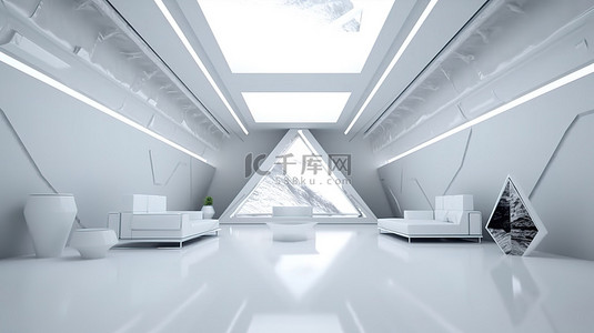 未来科幻场景中白色三角形室内设计的 3D 渲染
