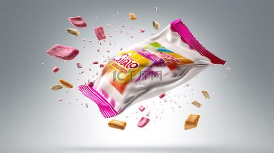 .包裹背景图片_1 用于飞行糖果棒的白色聚乙烯包装的 3D 渲染
