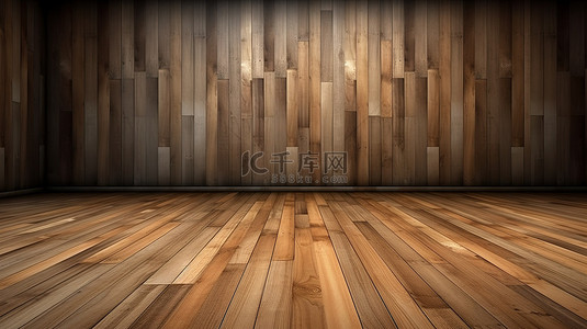 木墙和地板 3D 渲染，带有产品背景的开放空间