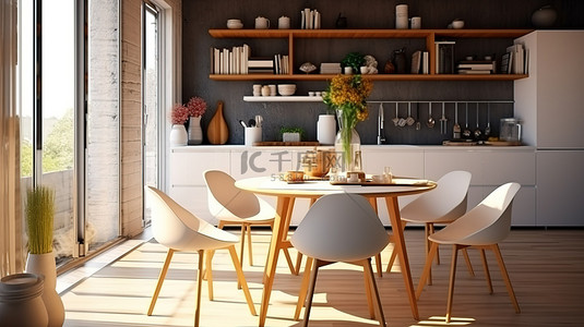 注射套装背景图片_用于厨房设计的 3D 时尚现代餐桌套装