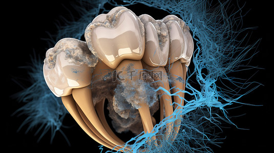 牙科护理背景图片_漩涡和草药环绕牙科护理和 3d 脏牙渲染