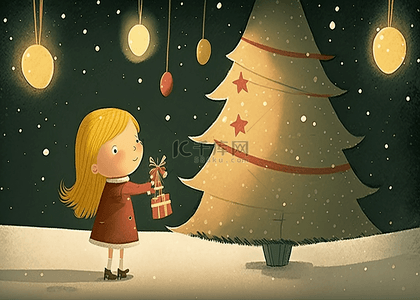 圣诞树礼物卡通背景图片_圣诞树女孩插画背景