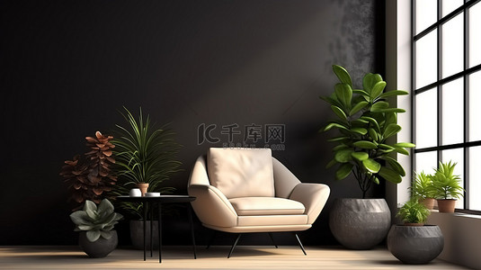 客厅内部的 3D 渲染，配有时尚的黑色扶手椅和茂密的植物