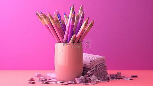 粉红色背景的 3D 渲染，带有购物清单账单收据和购物概念的税务发票