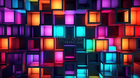 霓虹灯颜色和几何形状的抽象背景混沌 3D 方形框架图案