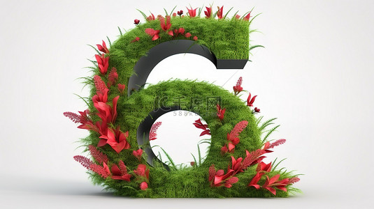 孤立的六号周围的红花和草的 3D 渲染