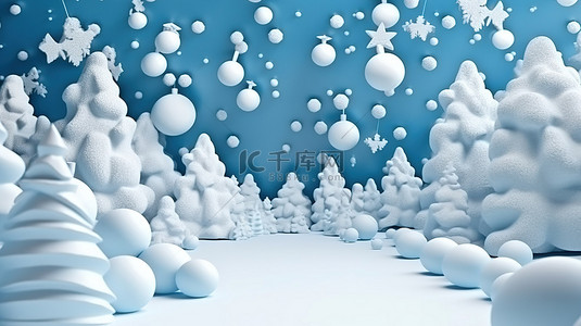 垂直 3D 冬季装饰品，配有积雪的圣诞树，圣诞快乐，新年快乐背景