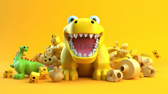 带有clayzilla的充满活力的黄色背景的儿童发展3D玩具