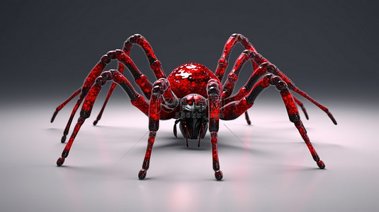 令人毛骨悚然的蜘蛛黑蜘蛛，红色皮肤和逼真的纹理，非常适合万圣节和恐怖主题 3D 插图侧视图
