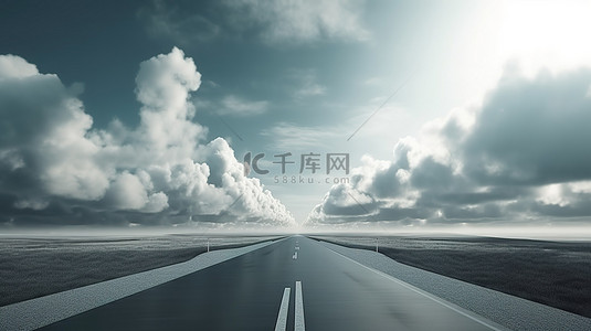 高速公路设计广告 3D 插图的直路和云