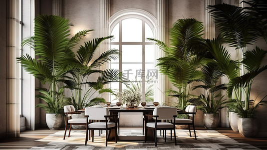 餐厅口布背景图片_汉普顿风格舒适的家居室内 3D 渲染插图，装饰着棕榈植物的餐厅