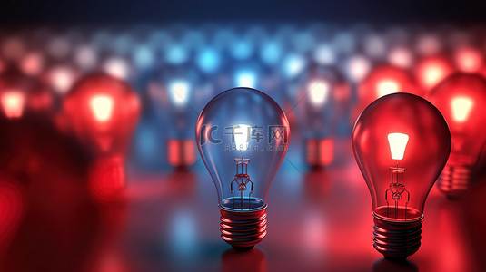 独特的红色灯泡从蓝色人群中脱颖而出代表创新思维和领导力 3D 渲染