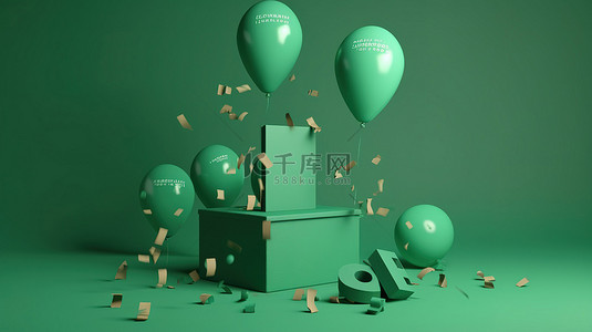 气球7背景图片_3d 渲染气球五彩纸屑和绿色背景礼盒中爆炸的数字 7 的快乐生日庆典