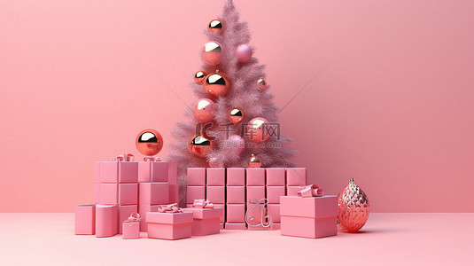 粉色日历背景图片_节日 3d 日历，以浅粉色背景为特色的圣诞树小玩意和礼品盒