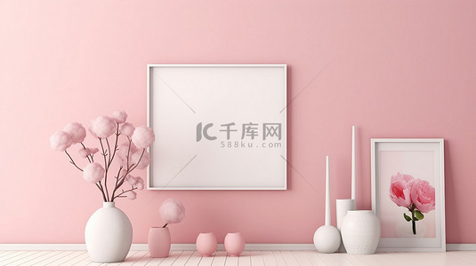 家居风格海报背景图片_斯堪的纳维亚风格海报模型上的装饰特写与粉红色墙壁背景 3D 渲染