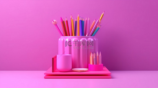 3d 霓虹粉红色回到学校讲台架，配有铅笔和书籍