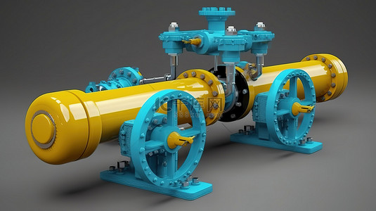 阀门生产背景图片_带阀门黄管和蓝色起重机的石油和天然气工业管道在 3D 渲染中具有剪切路径