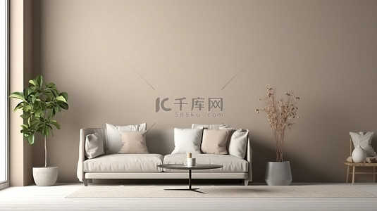 米色沙发背景图片_时尚的起居空间现代灰色房间内部模型与空米色墙 3D 渲染