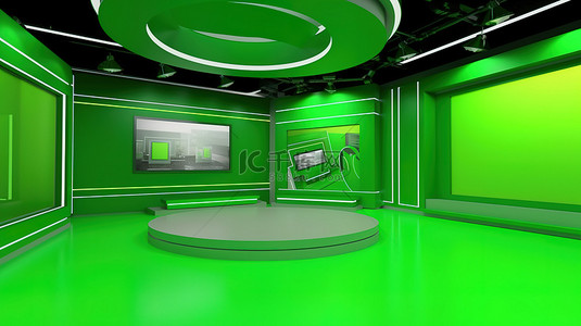 虚拟电视新闻集的沉浸式绿屏工作室 3D 插图