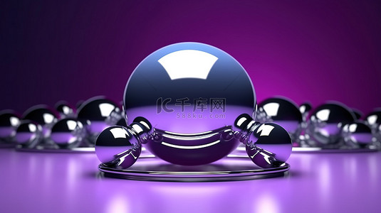 紫色圆形几何背景图片_银色和紫色金属几何形状浮动框架球体的抽象 3D 渲染