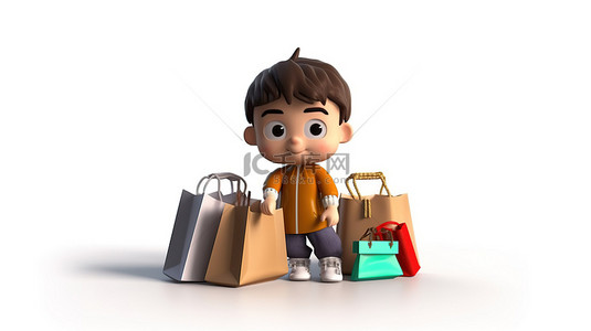 山茶漫画背景图片_有趣的 3d 亚洲血统青少年提着购物袋