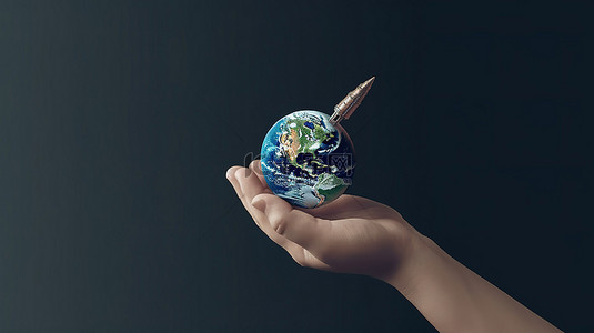 环境生态背景图片_拥抱世界，进步象征科学和教育的手和火箭的 3D 插图