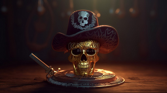 加密货币装饰的海盗帽剑和头骨的 3D 渲染