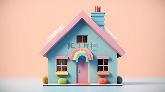 可通背景图片_柔和的彩色 3D 渲染房屋，异想天开的卡通风格