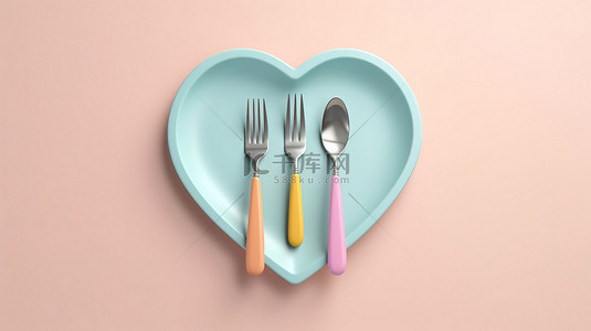 柔和的彩色心形盘子，配有餐具，浪漫的 3D 渲染