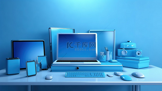 公示牌图标背景图片_蓝色办公桌背景与 3d 所示的数字设备