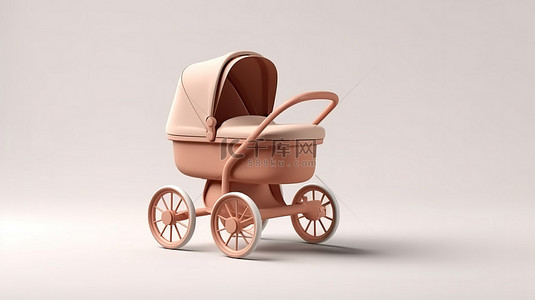 玩具卡通背景图片_空白画布上的当代婴儿推车婴儿车和马车模型，采用粘土设计，3D 插图
