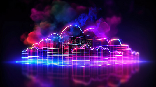 虚拟网络用霓虹灯发光云存储互联网连接和元宇宙 3D 渲染照亮
