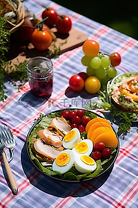 野餐毯上放着水果和沙拉的野餐盘