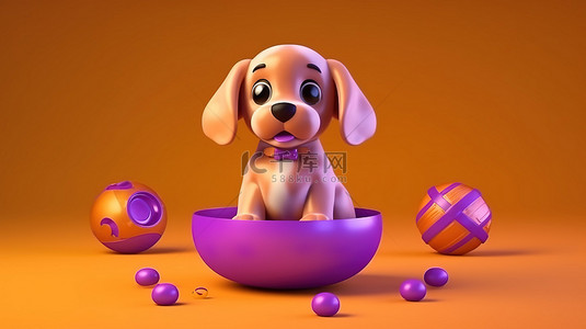 快乐卡通插画背景图片_紫色游乐场背景与橙色小狗玩具的 3D 渲染