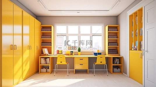 学术霸主背景图片_现代教室的真实 3D 渲染，配有现代课桌座位学校储物柜和董事会