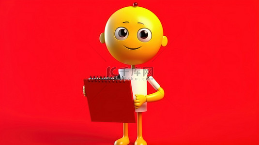 黄色背景的 3D 渲染，吉祥物拿着金奖奖杯红色塑料剪贴板纸和铅笔