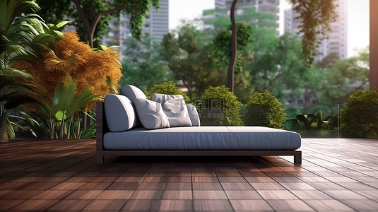 街景公园背景图片_从带沙发长凳的户外休闲露台欣赏宁静公园景观的令人惊叹的 3D 渲染