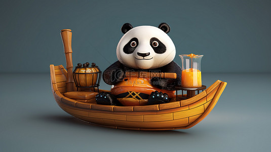搞笑的 3D 熊猫在船上带着甜罐子航行