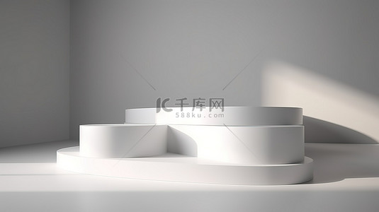 三个悬浮的白色讲台投射动态阳光阴影的工作室场景