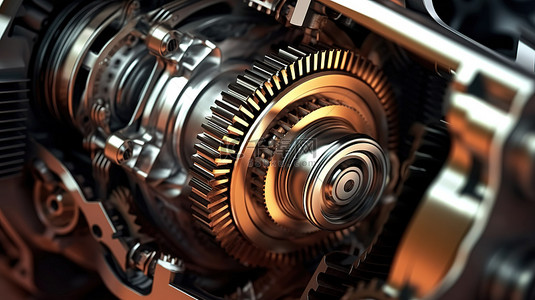 引擎背景图片_发动机变速箱的详细 3D 渲染特写