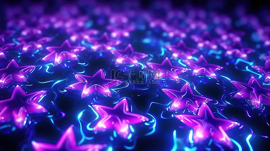 动态俱乐部风格 3D 插图优雅奢华的紫色和蓝色霓虹灯星星在运动中创造抽象背景