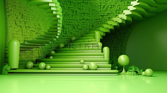 绿色抽象场景中彩色几何楼梯的充满活力的 3D 渲染
