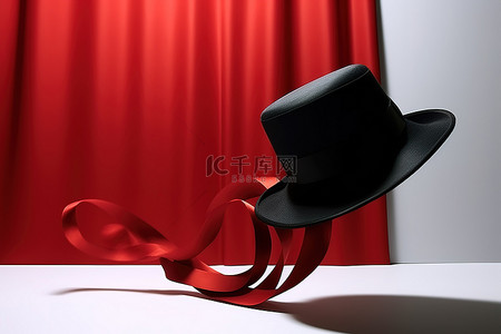 红色丝带上挂着一顶黑色帽子